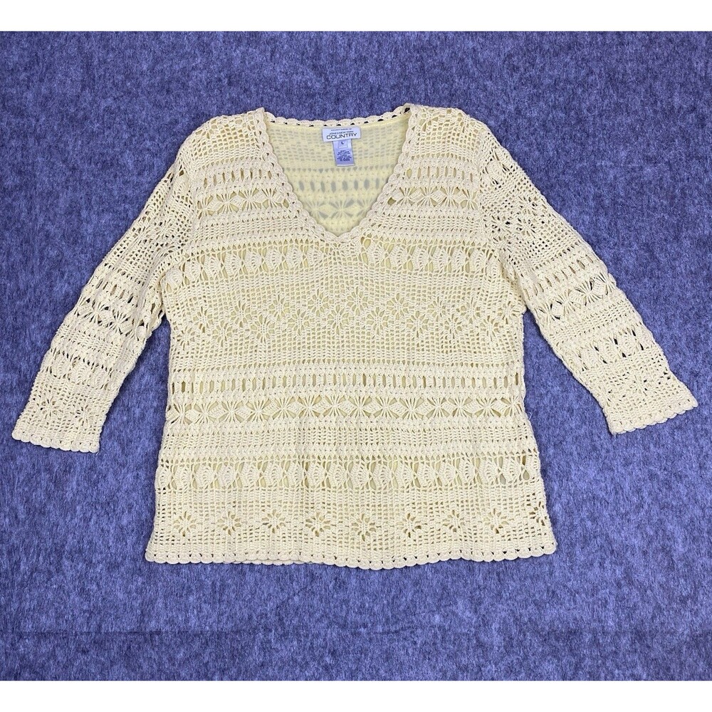 Vtg Jones New York Country Women's Hand Knit Sweater V Neck Linen Cotton Size L